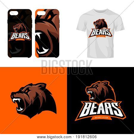 Bear head sport club isolated vector logo concept. Modern professional team badge mascot design.Premium quality wild animal t-shirt tee print illustration. Smart phone case accessory emblem.