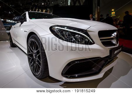STUTTGART GERMANY - MARCH 03 2017: Compact luxury car Mercedes-AMG C63 S Coupe 2016. Black and white. Europe's greatest classic car exhibition 