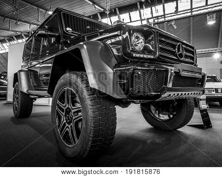 STUTTGART GERMANY - MARCH 03 2017: Off-road car Mercedes-Benz G500 4x4 2. Black and white. Europe's greatest classic car exhibition 