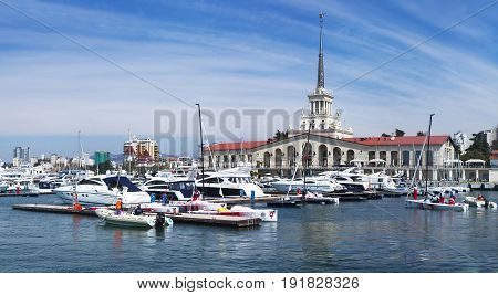 Russia Sochi Seaport yachts at the pier 2017
