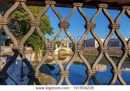 View of the Tiber River and St. Peter's Cathedral in the Vatican. Italy.