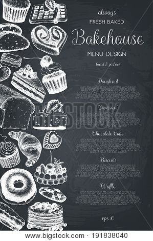 Vector card design with ink hand drawn baking illustration. Vintage template with bread and pastries sketch. Bakery or bakehouse menu on chalkboard