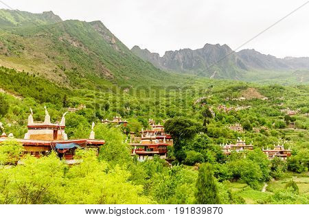 View on Traditional buildings of tibetan village jiaju in China