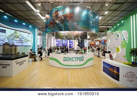 MOSCOW - MAR 16, 2017: Stand of Donstroy company at real estate exhibition in Central House of Artists, 200 companies took part in exhibition