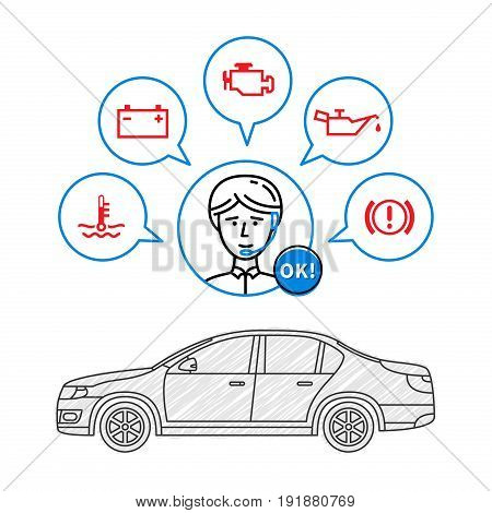 Car maintenance manager vector illustration. Car technical assistant concept with warning signs: check engine oil pressure generator coolant level brake system.