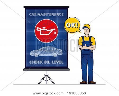 Serviceman with check motor oil level chart board vector illustration. Mechanic and engine oil level sign blue print graphic design. Oil pressure control symbol creative concept.