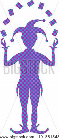 Pink and turquoise checked silhouette of Joker playing with cards on white background