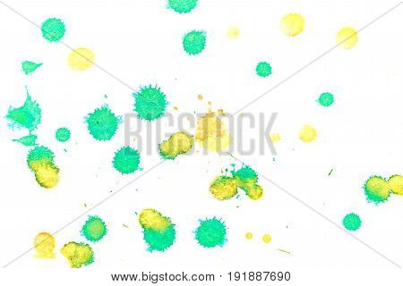 Abstract two-color yellow green ink splash. Ink blots. Elements of design. The water-soluble ink on white paper Leste. Abstractionism