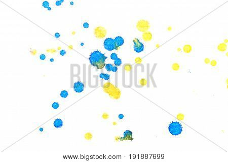 Abstract two-color yellow blue ink splash. Ink blots. Elements of design. The water-soluble ink on white paper Leste. Abstractionism