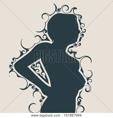 Sexy women silhouette. Fashion mannequin. Vector Illustration. Mockup for lettering. Abstract outline ornament of curls
