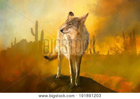 Coyote Painting in American Southwest with Yellow and Saguaro