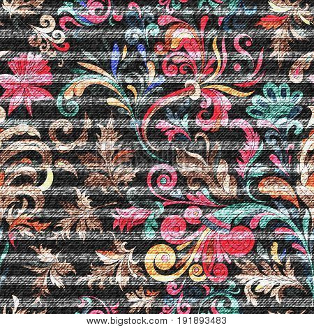 Eastern floral seamless print on striped denim backdrop. Bright doodle flowers on a dark gray background, color graphics, jeans texture, hand-drawn vector.