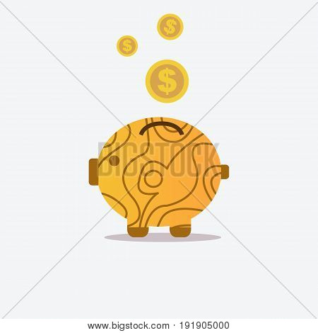 Pig bank and wood texture with coin icon.Saving money concept.Vector illustration.