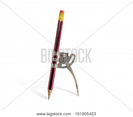 Simple school metal compass and the common pencil with attached eraser inserted into it on a light background