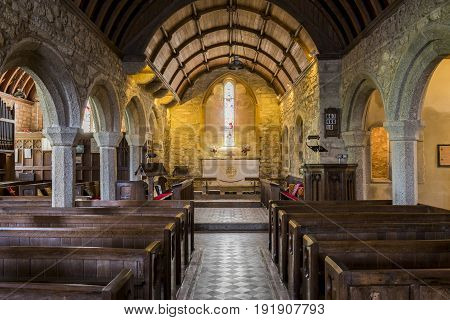 Zennor England - April 26 2017: Interior of the church of Zennor Saint Senara Church.
