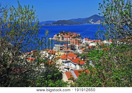 Top view of Budvanska riviera and St. Stefan island Montenegro