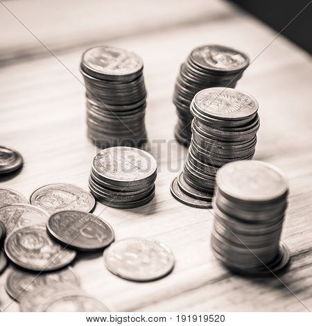 Old Soviet Coins On A Wooden Background - Monochrome Vintage Look