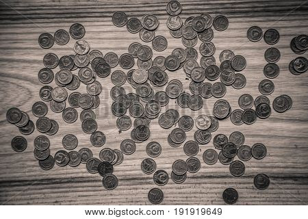 Old Soviet Coins On A Wooden Background - Monochrome Vintage Look