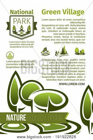 Nature ecology design vector poster. For national parks planting and outdoor green landscape designing or horticulture of forest trees and woodlands or garden greenery and eco parkland plants