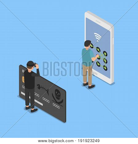 Hacking smartphone user database. Isometric vector illustration.