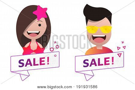 Vector Sale ribbon banner sign with male and female avatar set. Emblem logo badge. Color gradient. Flat material design. Template for citybanner website design cover. White background. Illustration. Eps10.