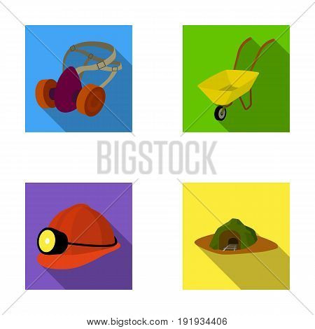 Headphones and raspirator, wheelbarrow, helmet with a lantern, the entrance to the mine.Mining industry set collection icons in flat style vector symbol stock illustration .