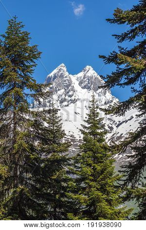 Peak Of Mount Ushba In Caucasus Mountains, Svanetia Region In Georgia, 4700 M