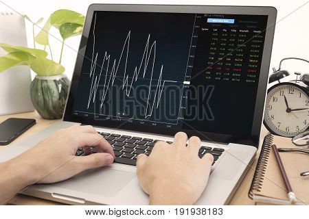 business hand working on computer notebook with Finance Trading Stock Graph Chart homepage on computer screen. invesment analysis concept.