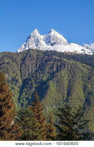 Peak Of Mount Ushba In Caucasus Mountains, Svanetia Region In Georgia, 4700 M