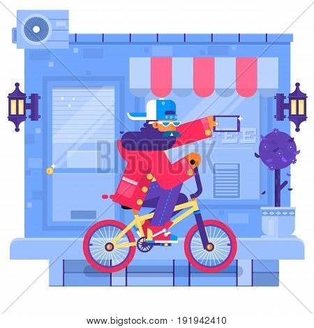 Hipster man cycling his fixie bike in urban environment. Vector illustration