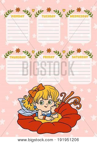 School Timetable For Children With Days Of Week. Color Cartoon Fairy