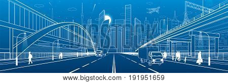 Pedestrian arch bridge. Wide highway. Road overpass. Urban infrastructure, modern city on background, industrial architecture. People walking. Truck rides. White lines, night scene, vector design art