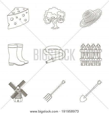 Set of pictures about gardening. Village, vegetable garden, garden, ecology.Farm and Gardening icon in set collection on outline style vector symbol stock web illustration.