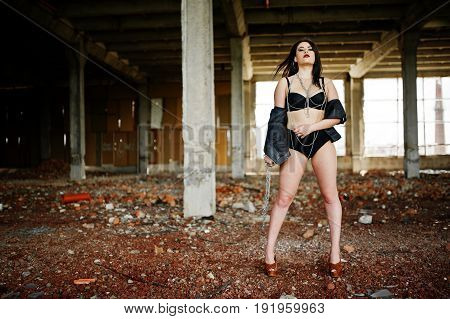 Brunette Plus Size Sexy Woman, Wear At Black Leather Jacket, Lace Panties, Bra And High Heels With C
