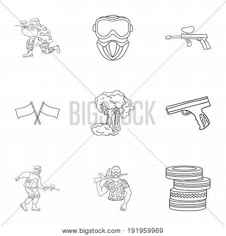 A collection of pictures about the game in paintball. The balloons with paint.Paintball icon in set collection on outline style vector symbol stock web illustration.