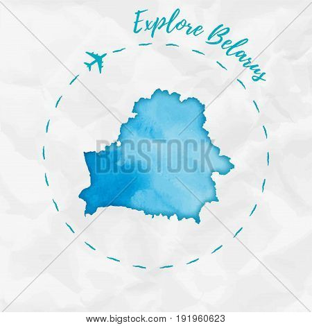 Belarus Watercolor Map In Turquoise Colors. Explore Belarus Poster With Airplane Trace And Handpaint