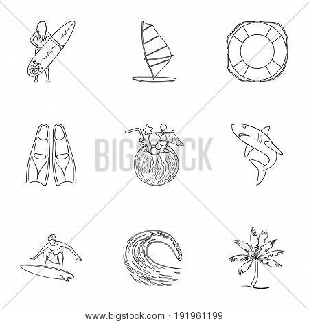 A collection of pictures on the theme of the beach, the sea, surfing. Rescuers of the beach.Surfing icon in set collection on outline style vector symbol stock web illustration.