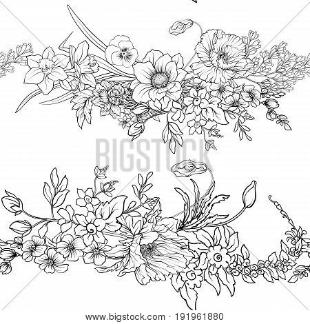 Seamless pattern with poppy flowers daffodil, anemone, violet in botanical vintage style. Outline hand drawing coloring page for adult coloring book. Stock line vector illustration.