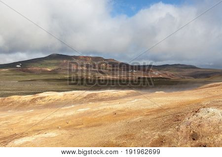 Krafla Volcanic Area, Myvatn, Northern Iceland. Sunny Mountain Landscape With Krafla Geotermal Power