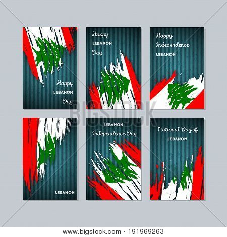 Lebanon Patriotic Cards For National Day. Expressive Brush Stroke In National Flag Colors On Dark St