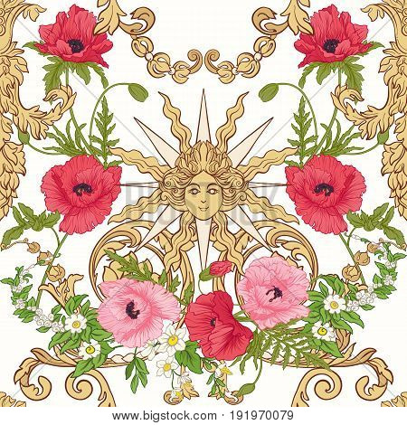 Seamless pattern with poppy flowers, daffodils, anemones, violets in botanical vintage style with rococo decor on white background . Stock line vector illustration.