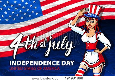Illustration Of A Girl Celebrating Independence Day Vector Poster. 4Th Of July Lettering. American R