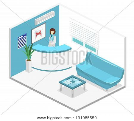 Isometric Flat 3D Isolated Interior Dentistry Waiting Room. Dental Clinic