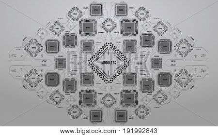 Modern Background with futuristic user interface. Electronic computer hardware technology. Motherboard digital chip. Integrated communication processor. Information engineering component.