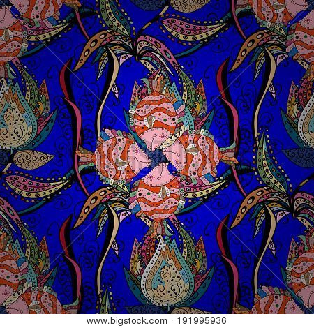 Orient symmetry lace fabric. Colored. Wedding holiday card. Ethnic texture. East Islam Indian motifs. Arabic Mandala pattern on blue background. Vintage vector decorative ornament.