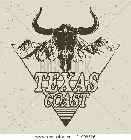 Skull of bull on mountains background.Western logo.Vector retro label.Texas coast