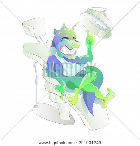 Adorable Dinosaur Happy After Dental Treatment. Vector Illustration.