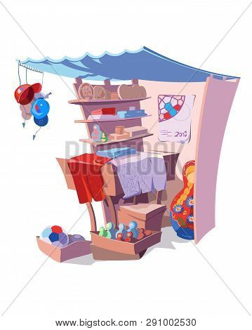 Souvenir Shop In Russia With Soccer Balls. Illustration