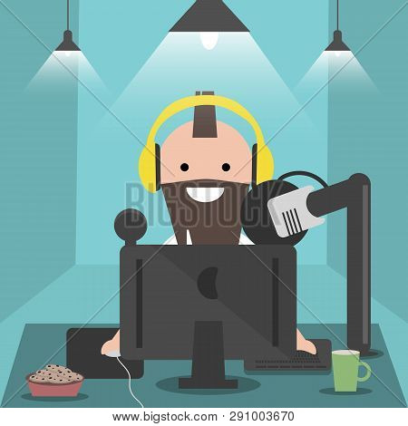 Young Character Sitting At Computer Desk.streaming.cloud Gaming Service.flat Cartoon Design.clip Art