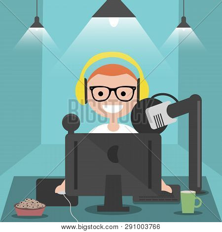 Young Character Sitting At Computer Desk.streaming.cloud Gaming Service.flat Cartoon Design.clip Art